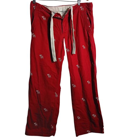 Abercrombie & Fitch Other - Abercrombie Fitch Vintage Pants Small Red AOP Embroidered Moose Wide Leg Lounge